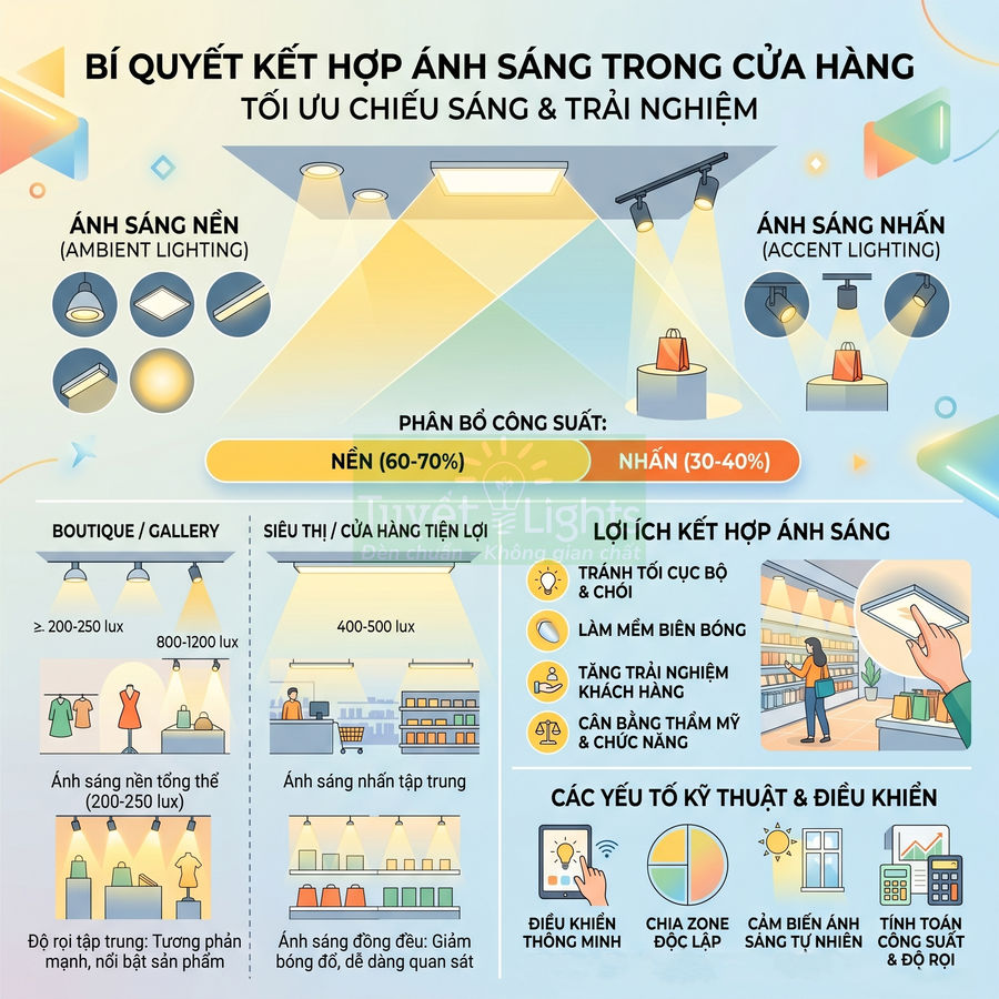 Infographic bí quyết kết hợp ánh sáng nền và ánh sáng nhấn tối ưu chiếu sáng trong cửa hàng bán lẻ
