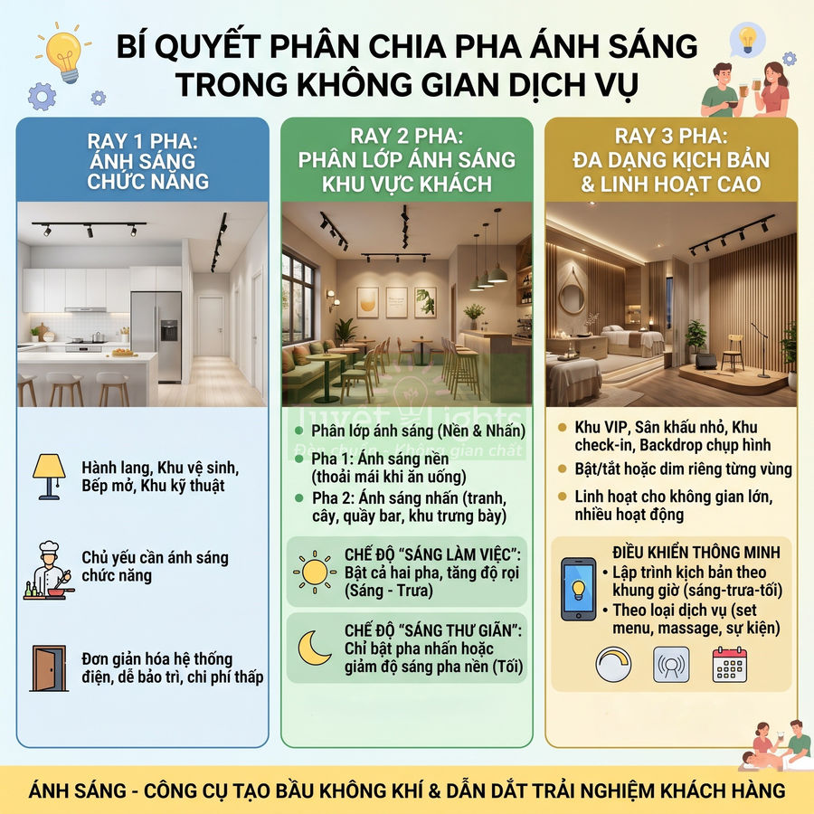 Hướng dẫn phân chia pha ánh sáng trong không gian dịch vụ với ví dụ chiếu sáng bếp, quán cà phê và khu VIP