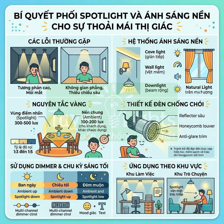 Infographic bí quyết phối spotlight và ánh sáng nền trong nhà để tạo sự thoải mái thị giác