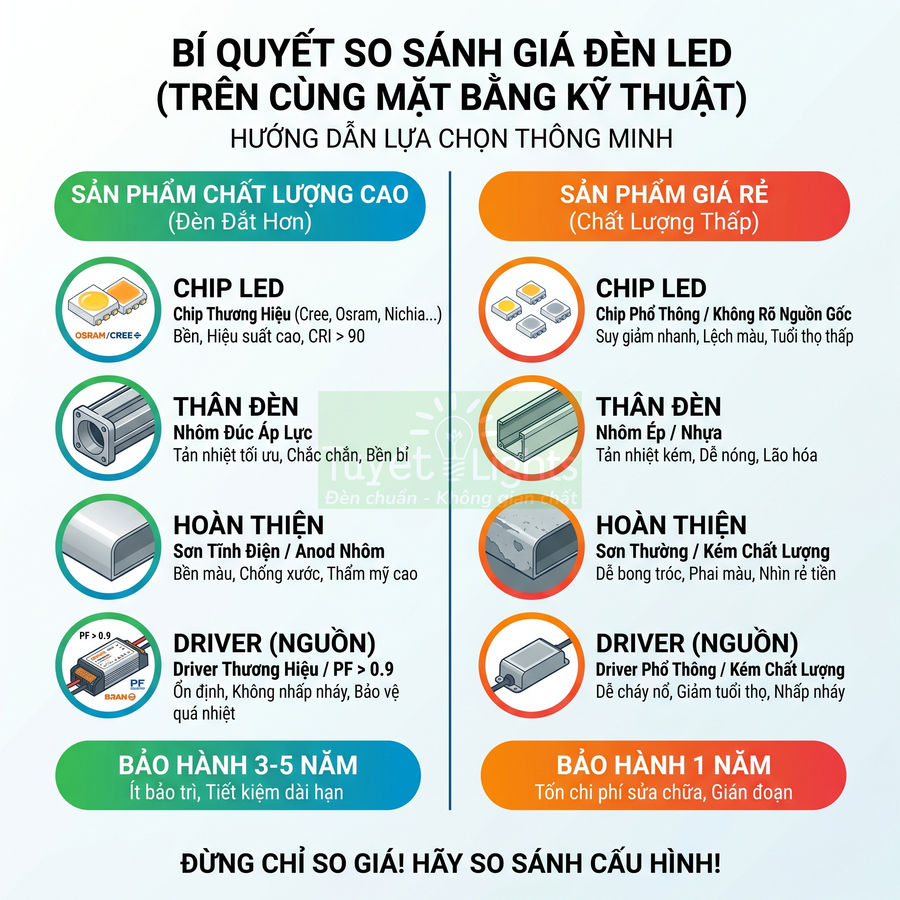 Infographic so sánh đèn LED chất lượng cao và đèn LED giá rẻ về chip, thân đèn, hoàn thiện, driver và thời gian bảo hành