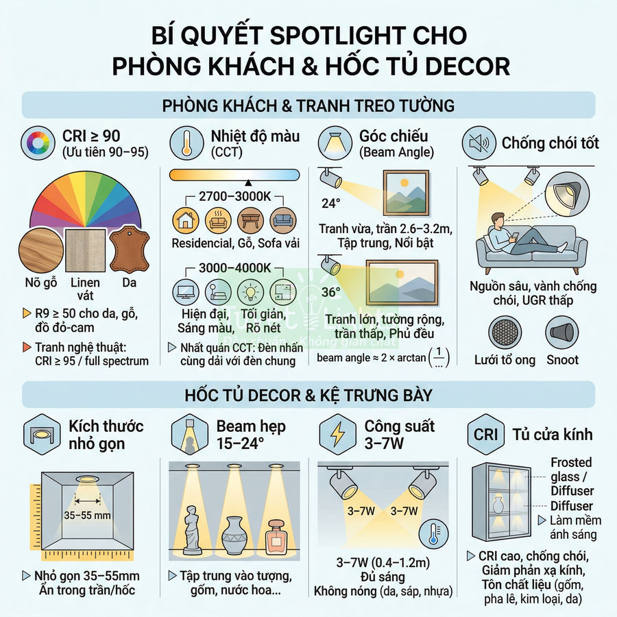 Infographic bí quyết chọn đèn spotlight cho phòng khách, tranh treo tường, hốc tủ decor và kệ trưng bày
