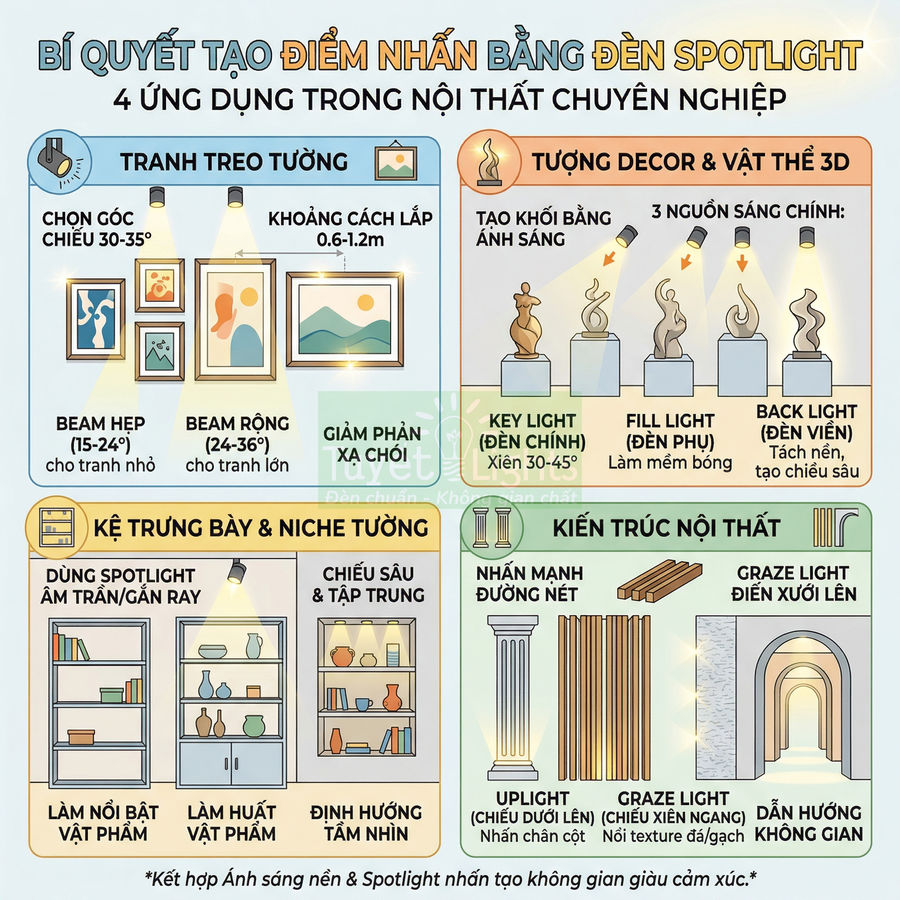 Infographic hướng dẫn sử dụng đèn spotlight tạo điểm nhấn cho tranh treo tường, kệ trưng bày, tượng decor và kiến trúc nội thất