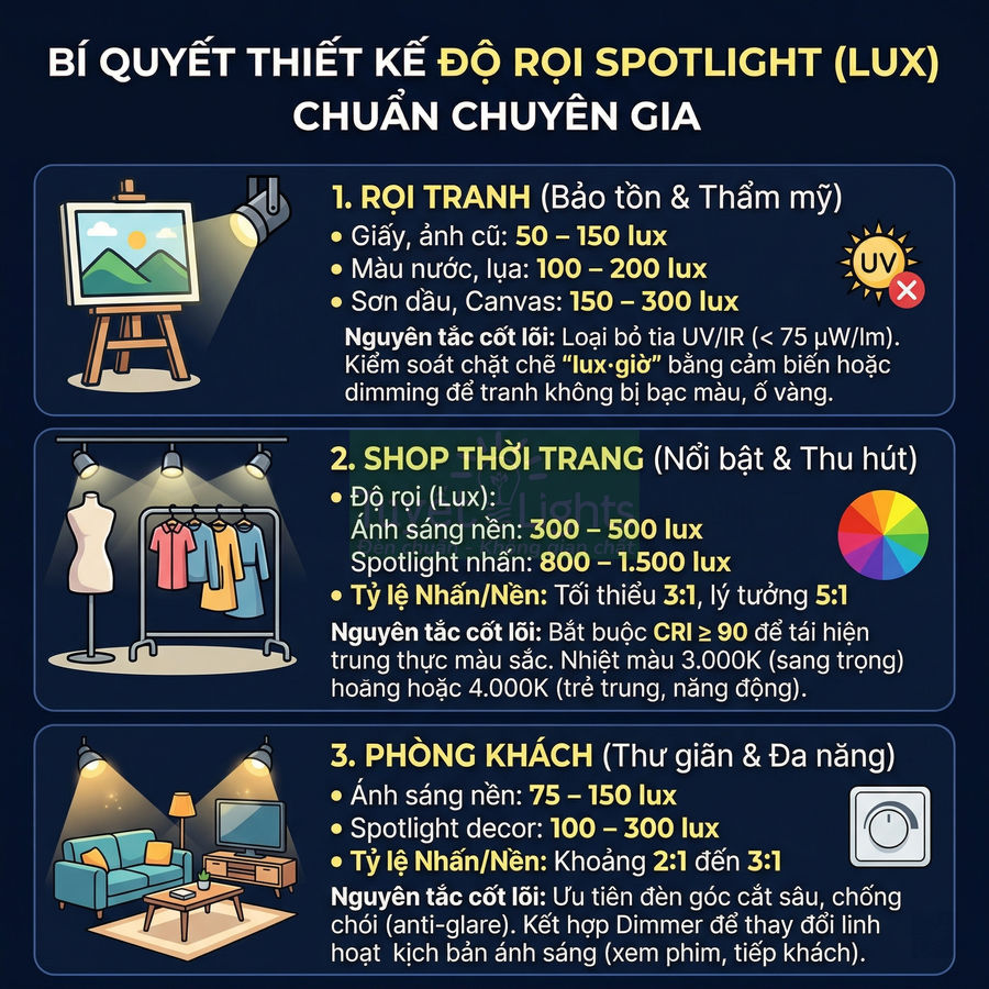 Infographic hướng dẫn thiết kế độ rọi spotlight lux cho rọi tranh, shop thời trang và phòng khách trong nhà
