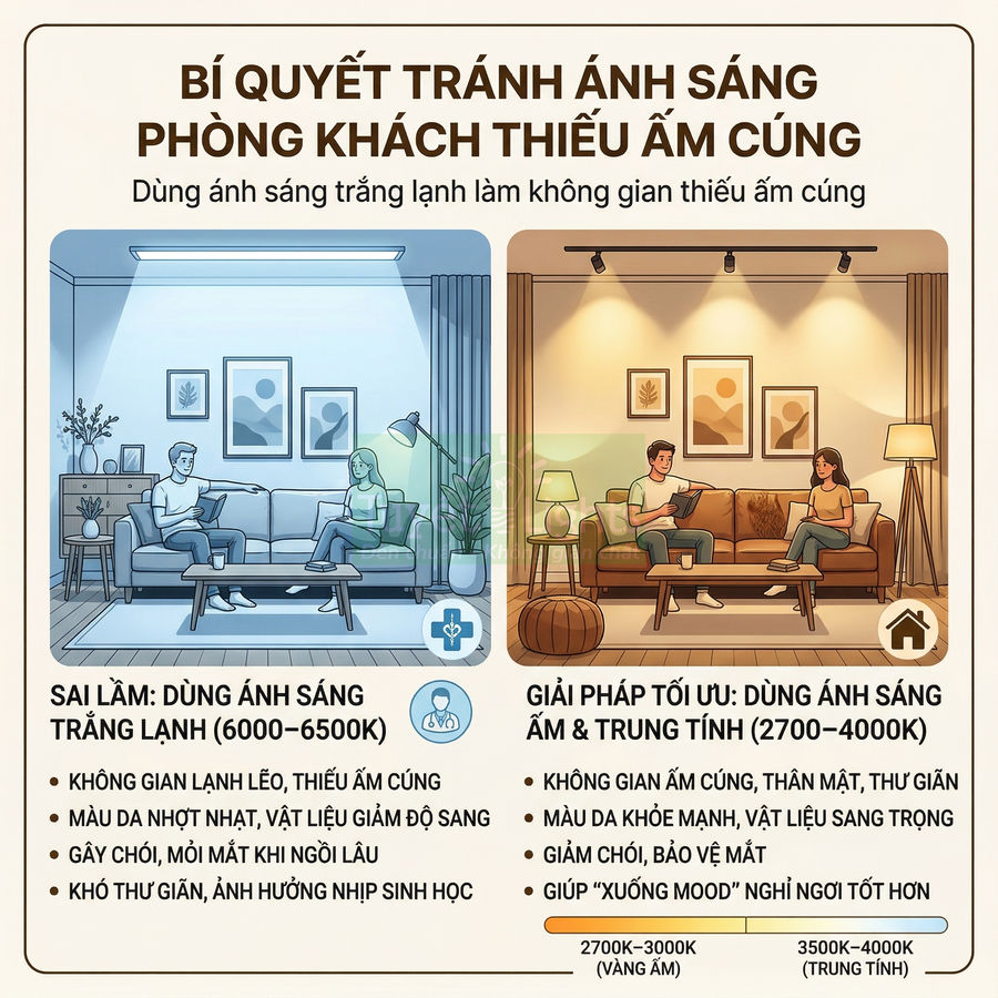 So sánh phòng khách dùng ánh sáng trắng lạnh và ánh sáng vàng ấm trung tính tạo không gian ấm cúng