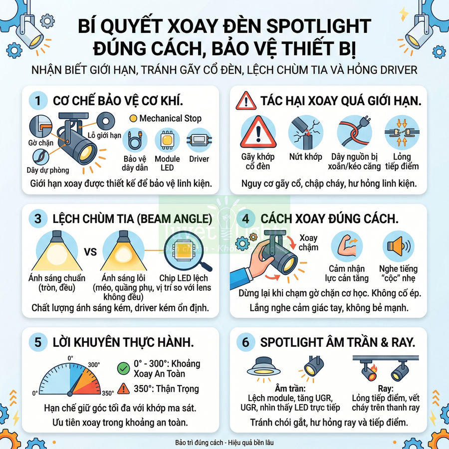 Hướng dẫn xoay đèn spotlight đúng cách, bảo vệ cơ chế, tránh lệch chùm tia và hỏng driver