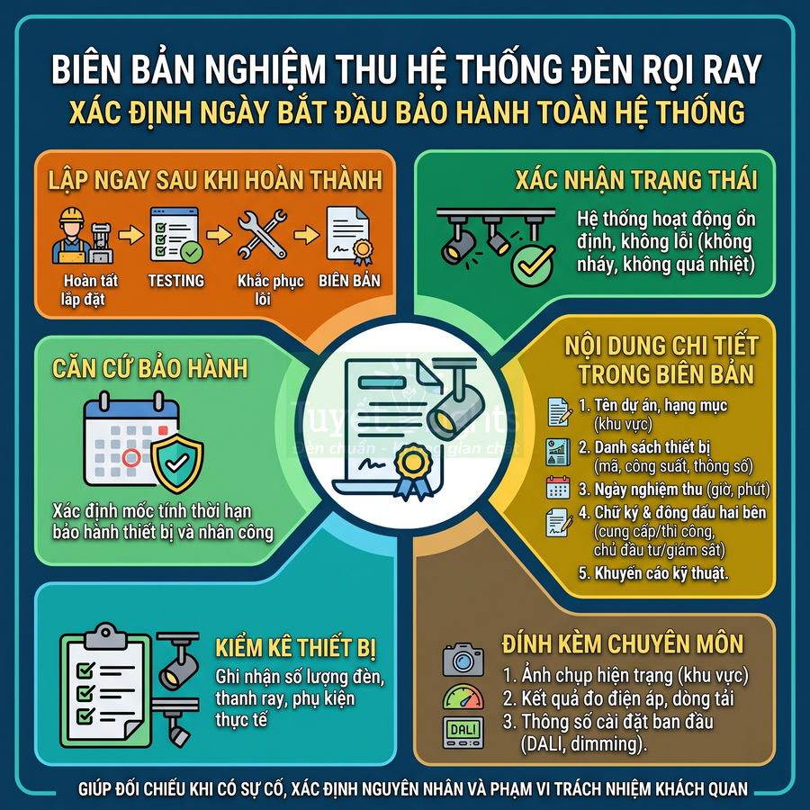 Infographic hướng dẫn lập biên bản nghiệm thu và bảo hành hệ thống đèn rọi ray chi tiết các bước và nội dung cần có