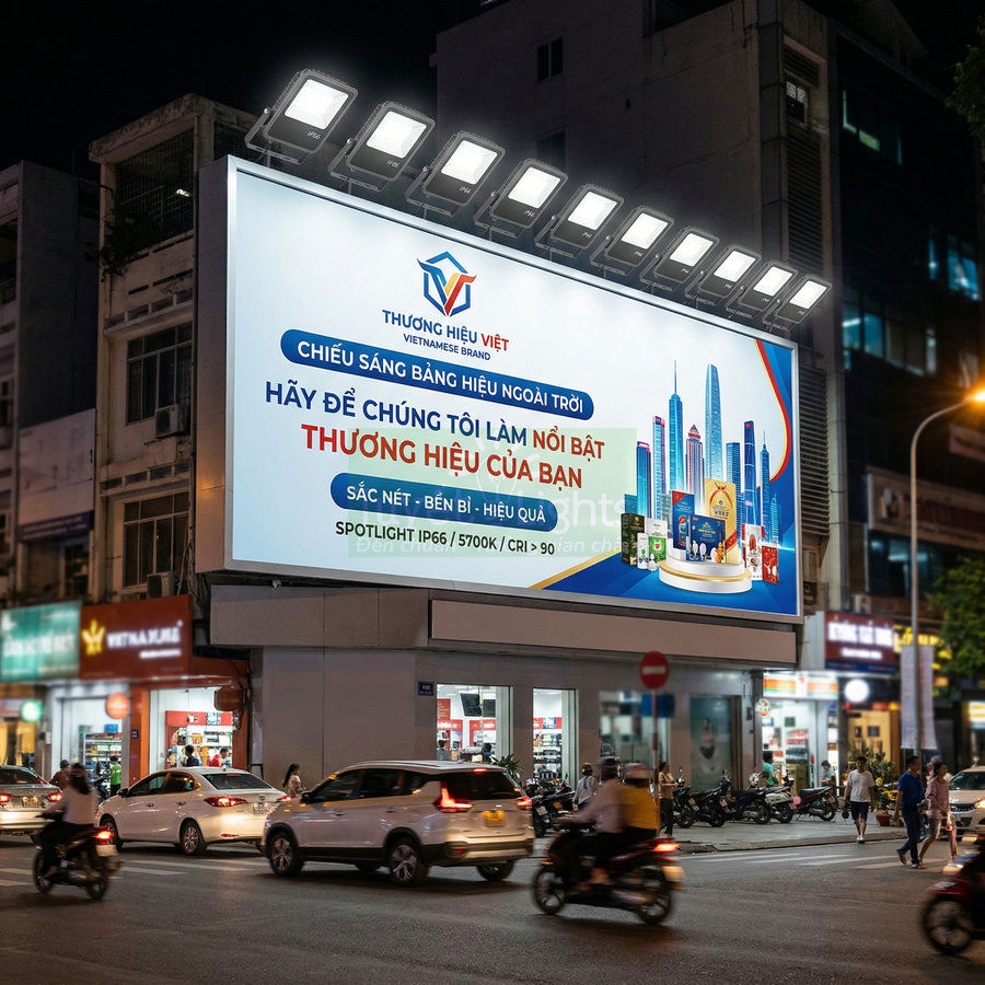 Biển quảng cáo đèn LED chiếu sáng thương hiệu Việt ngoài trời trên phố đông xe cộ