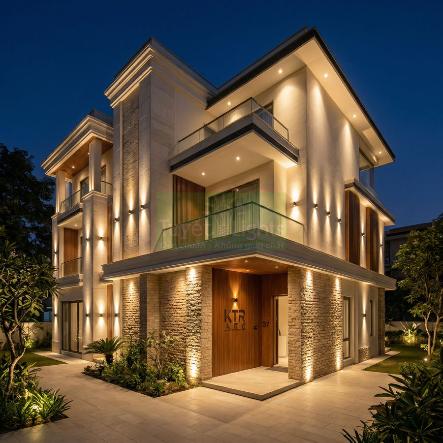 Biệt thự hiện đại 3 tầng với hệ thống đèn led chiếu sáng mặt tiền vào buổi tối