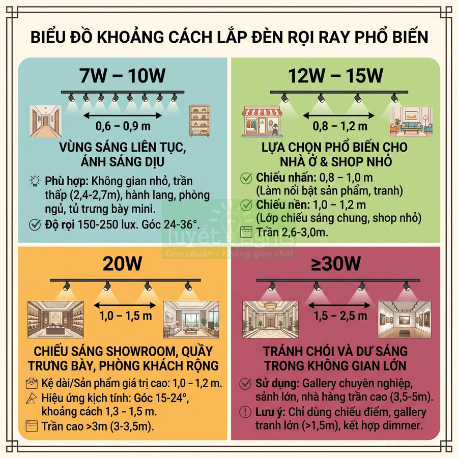 Biểu đồ hướng dẫn khoảng cách lắp đặt đèn rọi ray 7W đến trên 30W cho các không gian khác nhau
