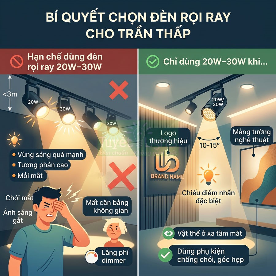 Hướng dẫn chọn đèn rọi ray 20W 30W cho trần thấp, so sánh cách lắp sai gây chói và lắp đúng chiếu điểm nhấn