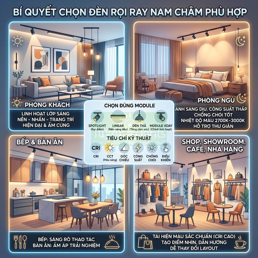 Cách chọn đèn rọi ray nam châm phù hợp từng không gian
