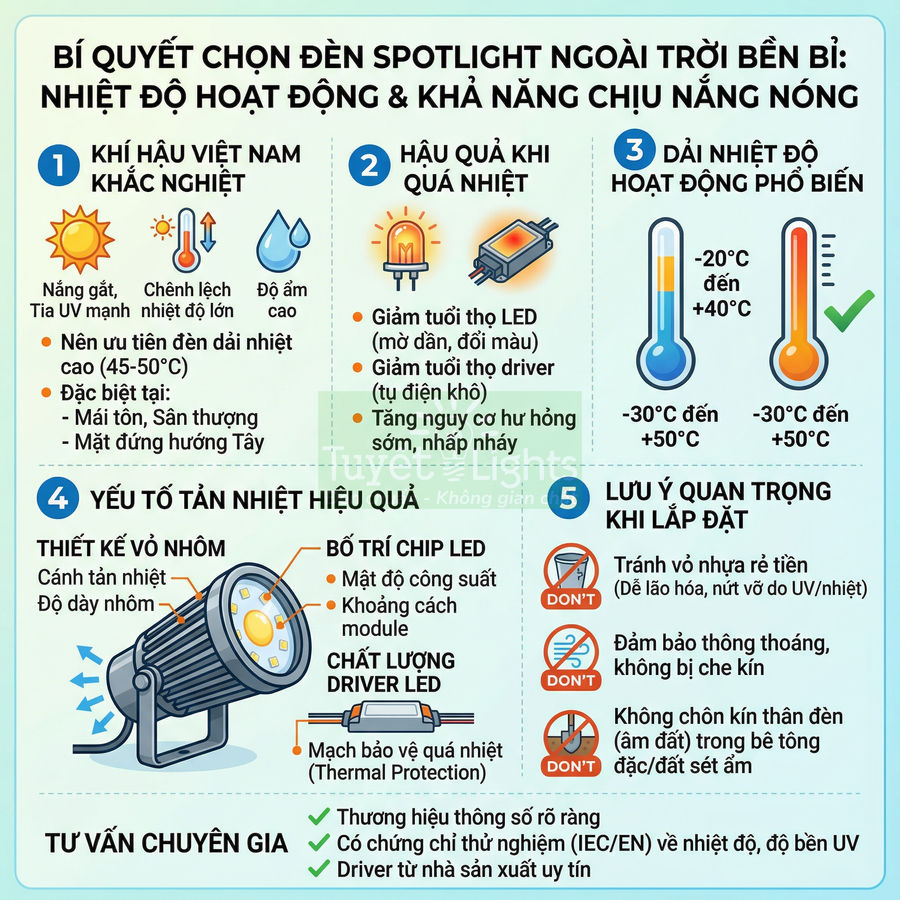Infographic bí quyết chọn đèn spotlight LED ngoài trời bền bỉ, chịu nhiệt tốt cho khí hậu nắng nóng Việt Nam