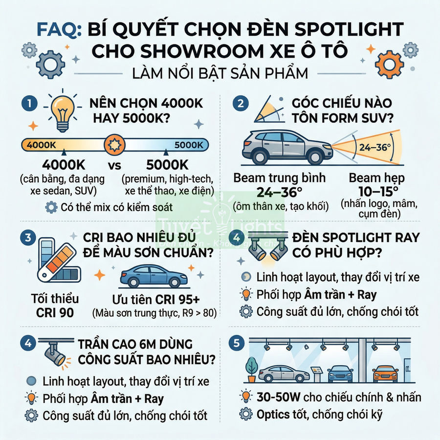 Infographic hướng dẫn chọn đèn spotlight chiếu sáng showroom xe ô tô để làm nổi bật sản phẩm xe và không gian trưng bày