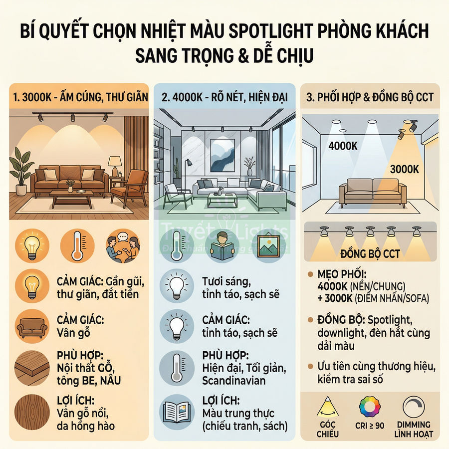 Hướng dẫn chọn nhiệt màu đèn spotlight phòng khách 3000K và 4000K với gợi ý phối hợp ánh sáng sang trọng