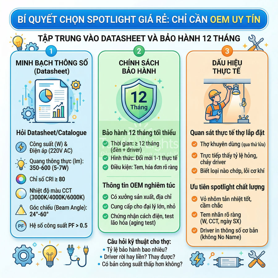 Hướng dẫn chọn đèn spotlight giá rẻ chất lượng với datasheet minh bạch và bảo hành 12 tháng