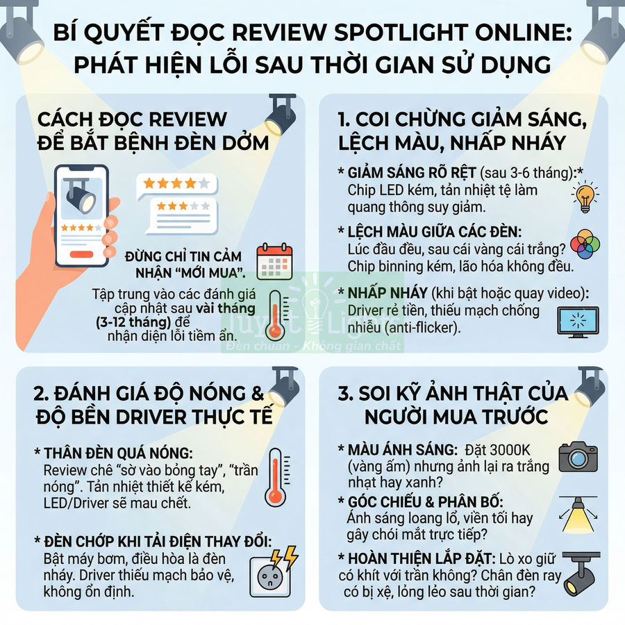 Infographic hướng dẫn đọc review đèn spotlight online để phát hiện lỗi giảm sáng, lệch màu, nhấp nháy sau thời gian dùng