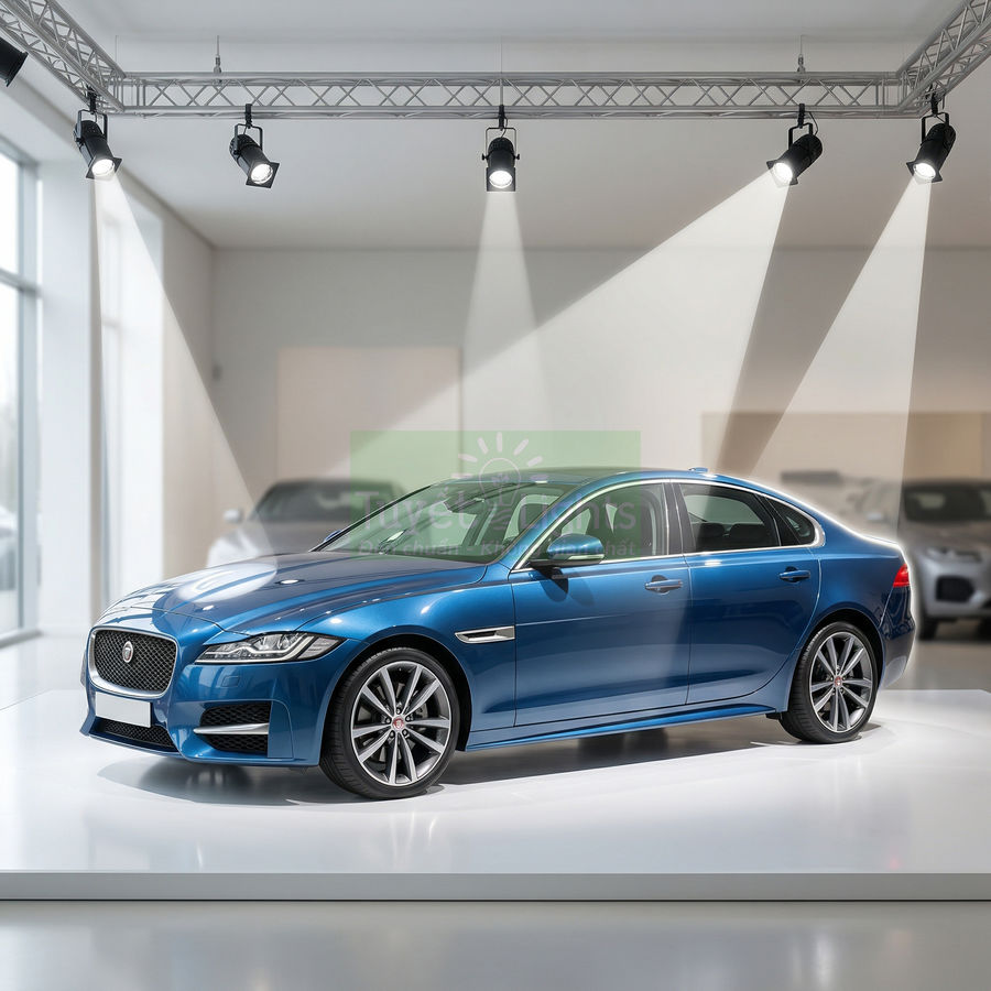 Xe sedan Jaguar màu xanh trưng bày trong showroom dưới hệ thống đèn chiếu sáng