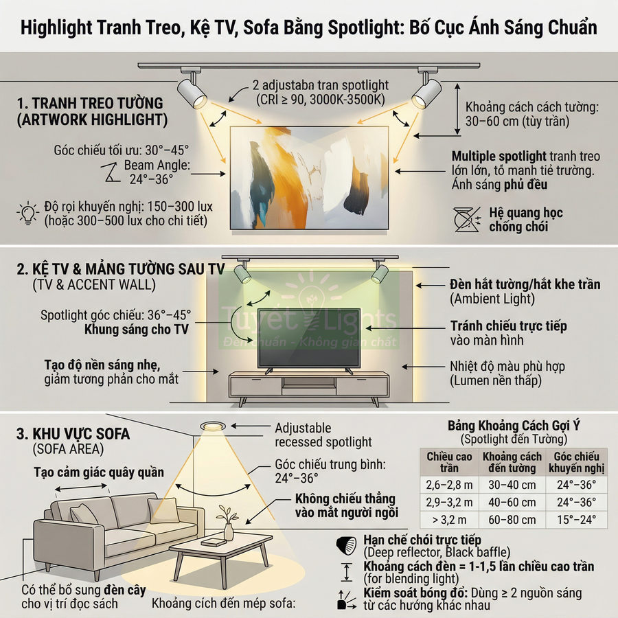 Hướng dẫn bố trí đèn spotlight chiếu tranh treo tường, kệ TV và khu vực sofa trong phòng khách
