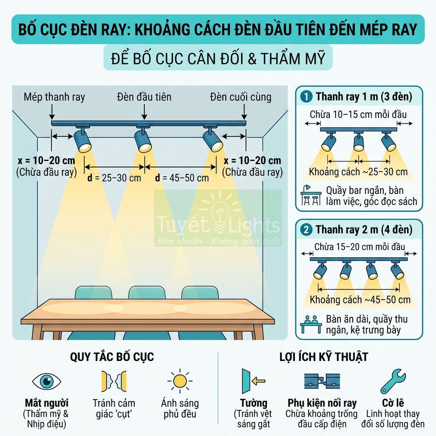 Hướng dẫn bố trí đèn ray Tuyết Lights với khoảng cách lắp đặt đèn chiếu sáng bàn ăn và quầy bar
