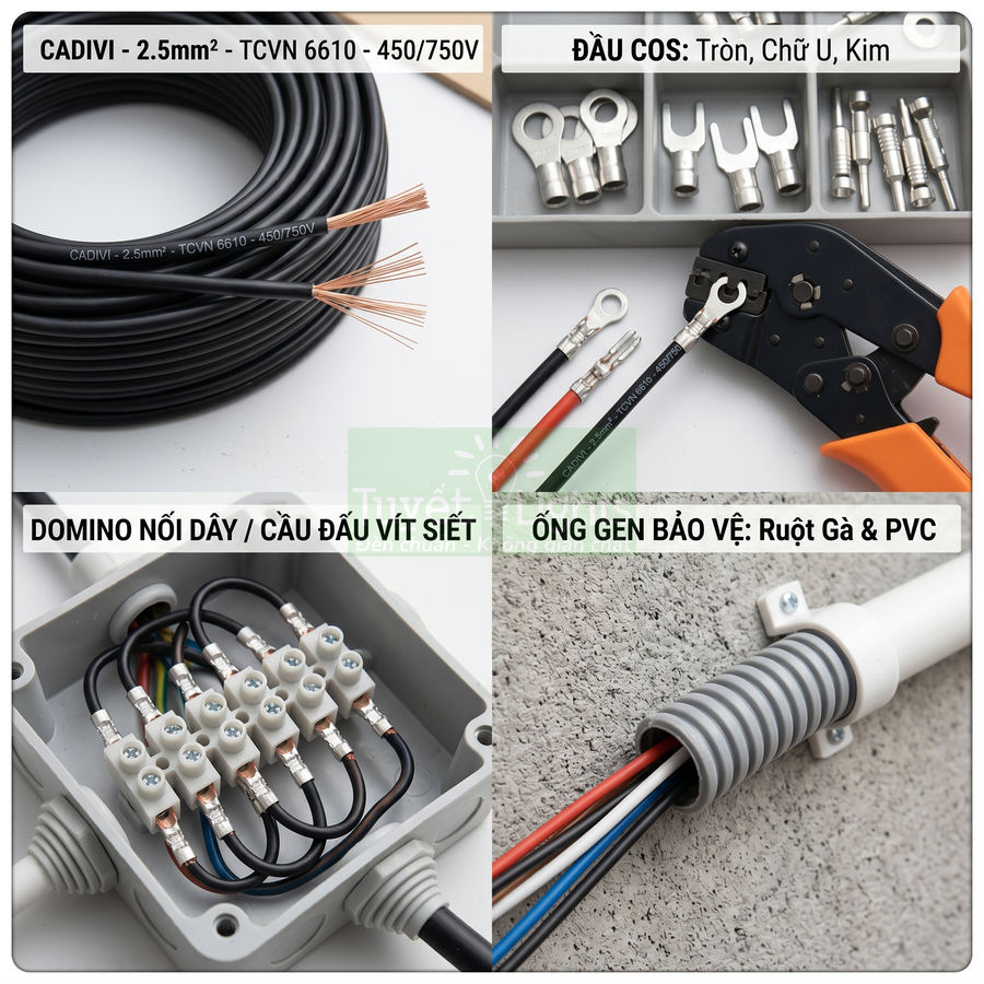 Bộ dây điện CADIVI 2.5mm2, đầu cos, domino nối dây và ống gen bảo vệ ruột gà PVC cho lắp đặt điện
