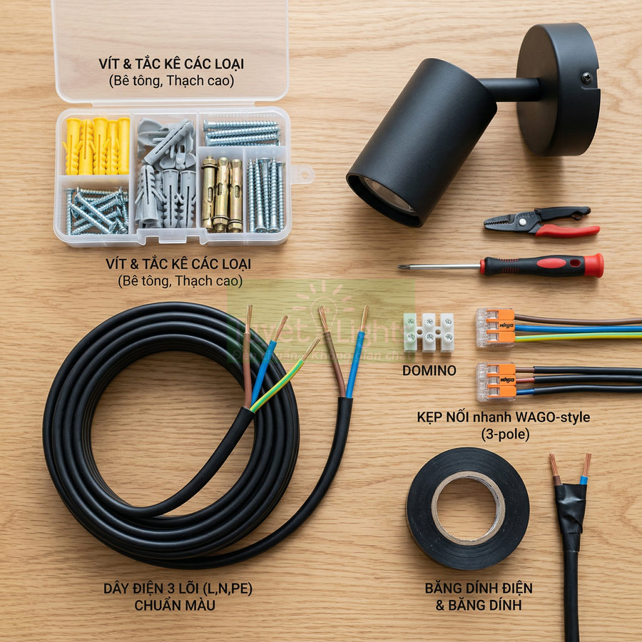 Bộ phụ kiện lắp đặt đèn gồm đèn rọi trần, dây điện 3 lõi, vít nở, kẹp nối nhanh, băng dính điện và tua vít
