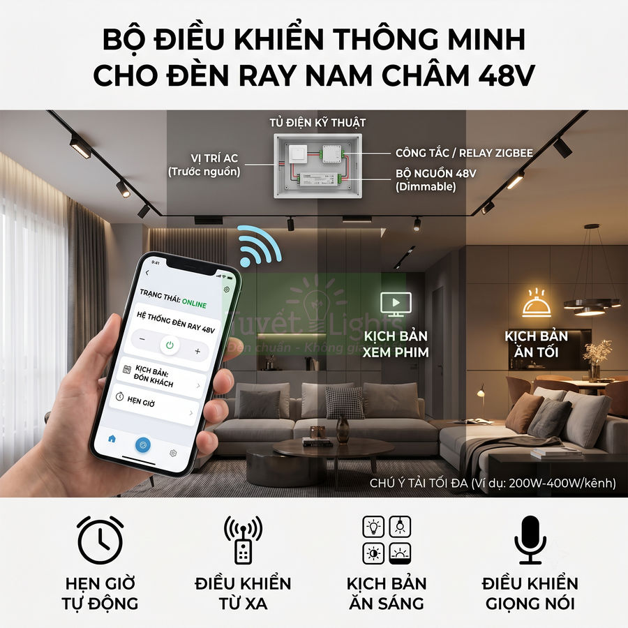 Bộ điều khiển thông minh cho đèn ray nam châm 48V điều khiển từ xa bằng điện thoại trong phòng khách hiện đại