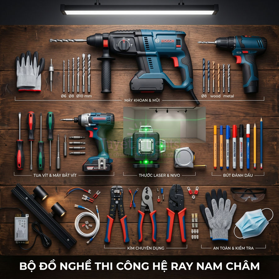 Bộ dụng cụ thi công hệ ray nam châm với máy khoan Bosch, tua vít, kìm, thước laser và phụ kiện