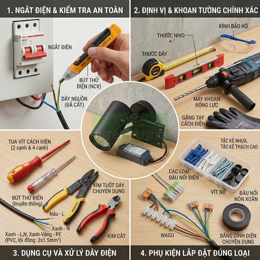 Bộ dụng cụ và phụ kiện lắp đặt đèn tường gồm máy khoan, bút thử điện, tua vít, kìm, tắc kê và đầu nối dây điện