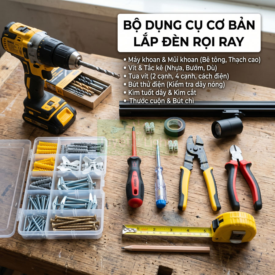 Bộ dụng cụ cơ bản lắp đèn rọi ray với máy khoan, tua vít, kìm, thước cuộn và hộp ốc vít trên bàn gỗ