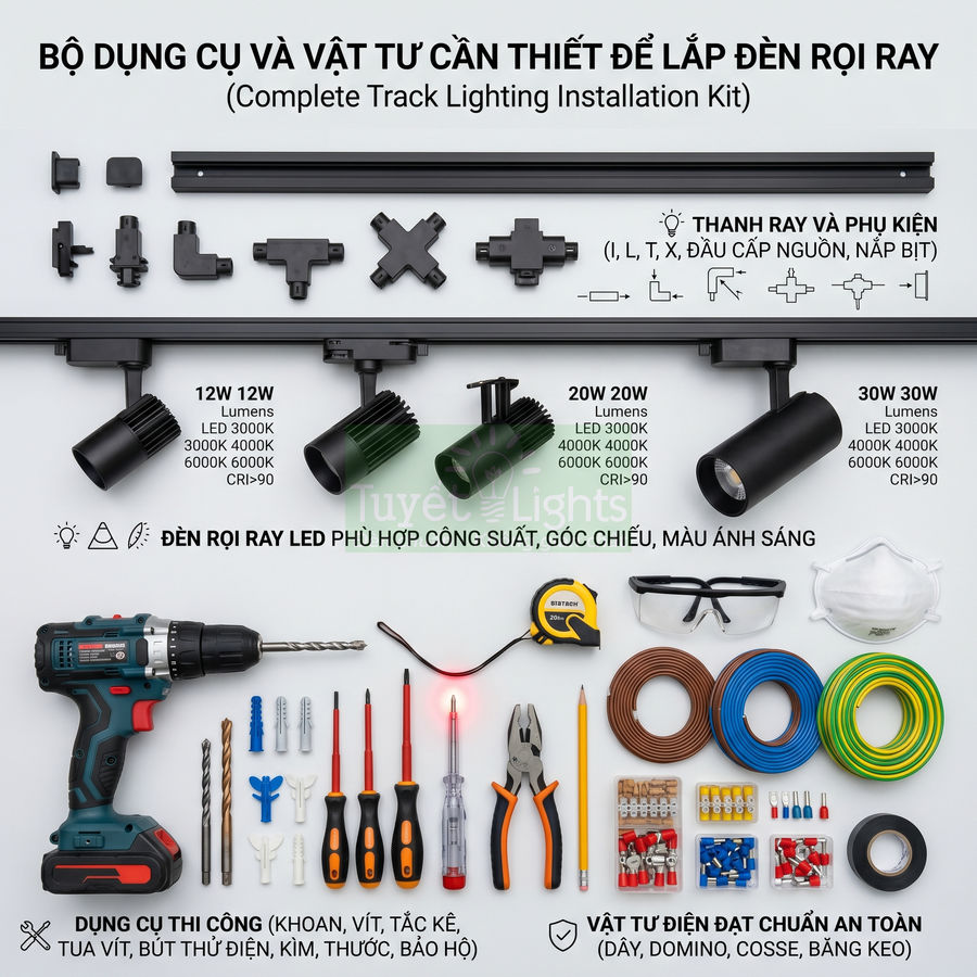 Bộ dụng cụ và vật tư lắp đặt đèn rọi ray LED đầy đủ thanh ray, đèn, khoan, tua vít, dây điện và phụ kiện
