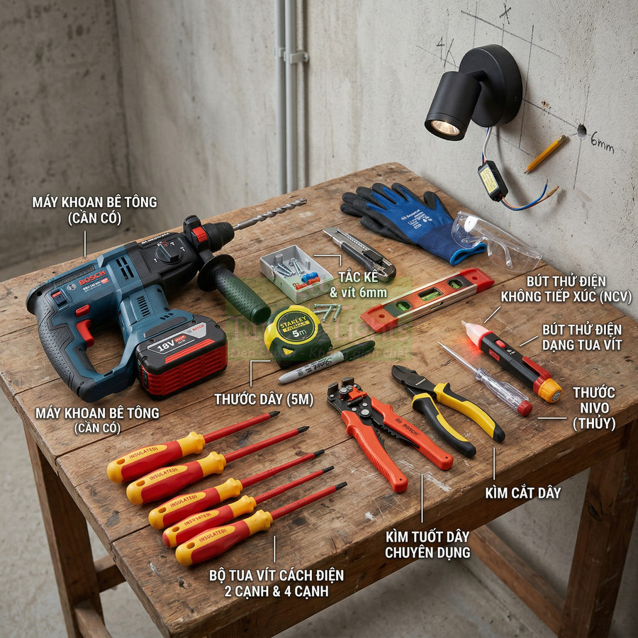 Bộ dụng cụ lắp đèn tường với máy khoan bê tông Bosch, thước dây Stanley, tua vít cách điện và kìm cắt dây trên bàn gỗ