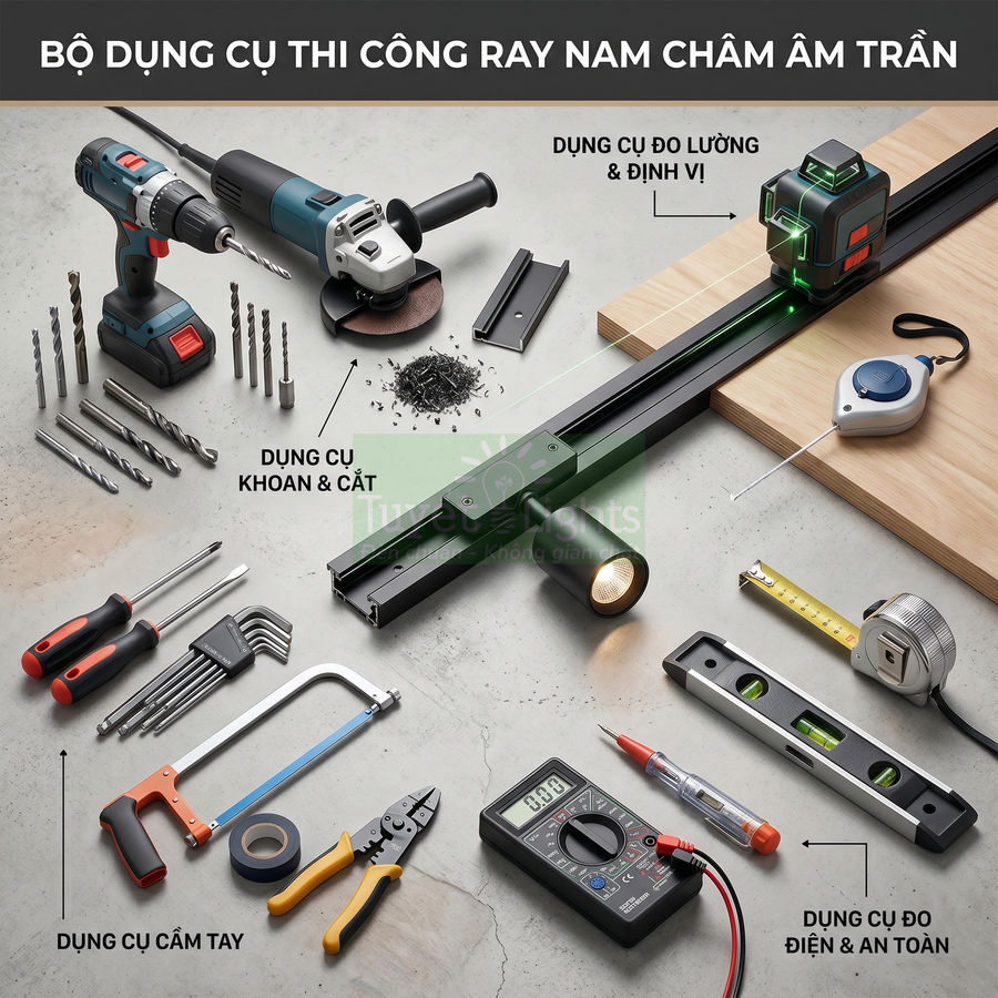 Bộ dụng cụ thi công ray nam châm âm trần với máy khoan, máy mài, thước đo laser và dụng cụ điện cầm tay