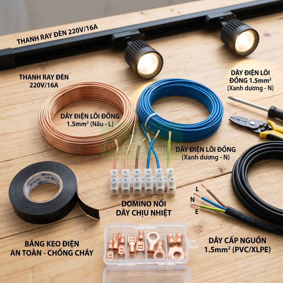 Bộ phụ kiện lắp đặt đèn ray gồm thanh ray, dây điện lõi đồng, domino nối dây, băng keo điện và đầu cốt đồng