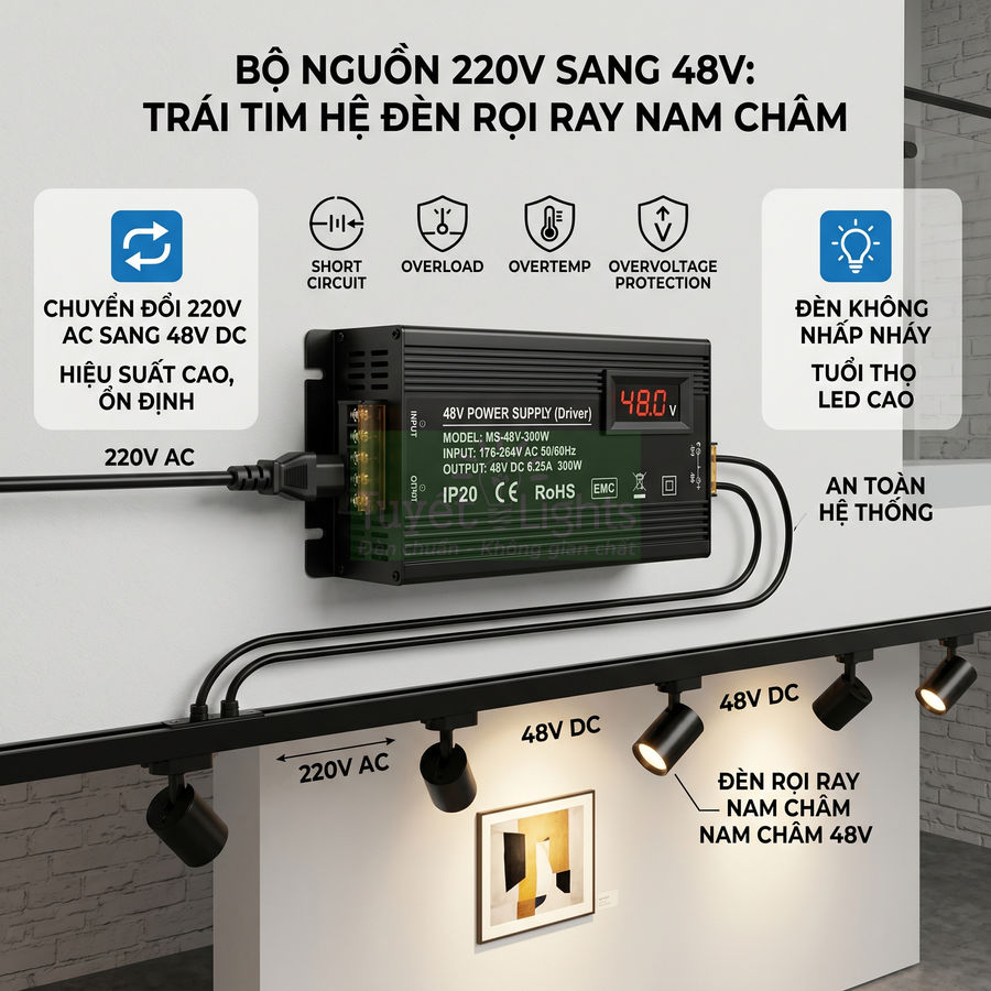 Bộ nguồn chuyển đổi 220V sang 48V cho hệ đèn rọi ray nam châm, hiển thị thông số và lắp trên tường