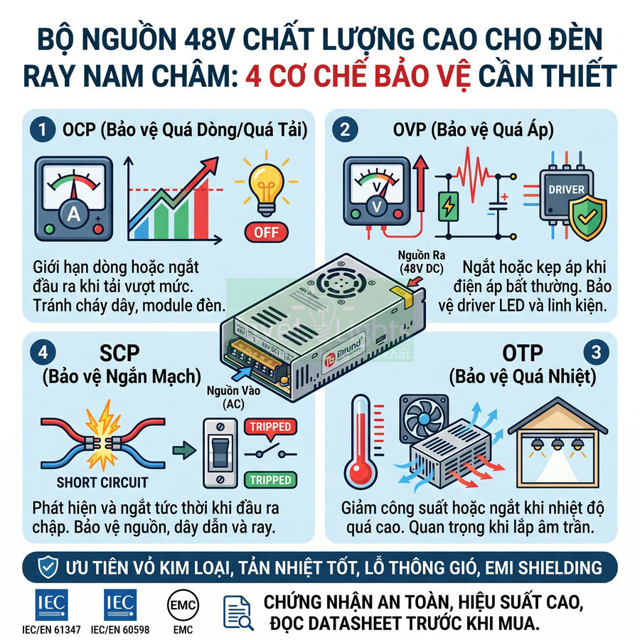Bộ nguồn 48V chất lượng cao cho đèn ray nam châm với 4 cơ chế bảo vệ an toàn