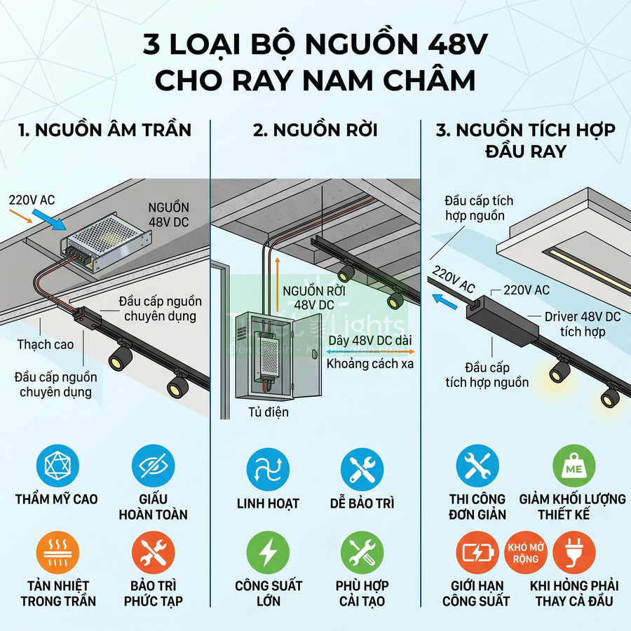 So sánh 3 loại bộ nguồn 48V cho ray nam châm âm trần, nguồn rời và nguồn tích hợp đầu ray