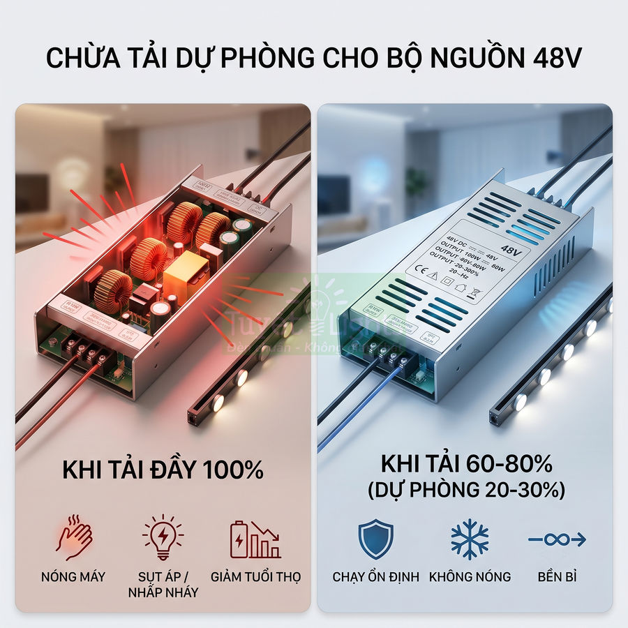 Bộ nguồn 48V cho đèn LED so sánh khi tải 100 phần trăm và khi tải 60 đến 80 phần trăm dự phòng