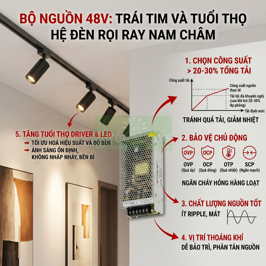 Bộ nguồn 48V cho hệ đèn rọi ray nam châm gắn tường, tăng tuổi thọ driver và LED, bảo vệ quá tải