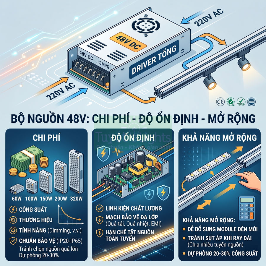 Bộ nguồn LED 48V DC driver tổng cho hệ thống đèn ray chiếu sáng, minh họa chi phí, độ ổn định và khả năng mở rộng