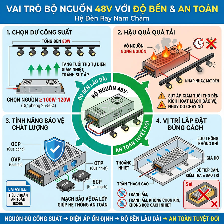Infographic vai trò bộ nguồn 48V cho hệ đèn ray nam châm, hướng dẫn chọn công suất và lắp đặt an toàn