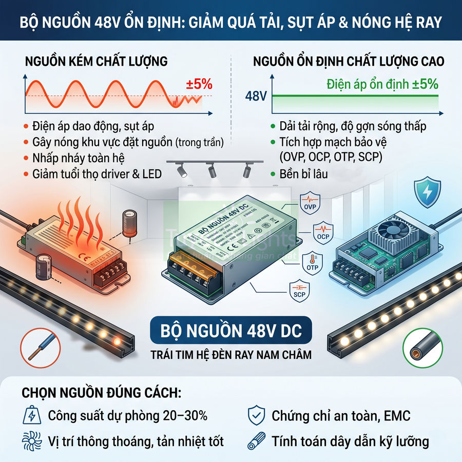 Bộ nguồn 48V DC chất lượng cao cho đèn ray nam châm, giảm sụt áp, quá tải và tăng độ bền hệ thống chiếu sáng