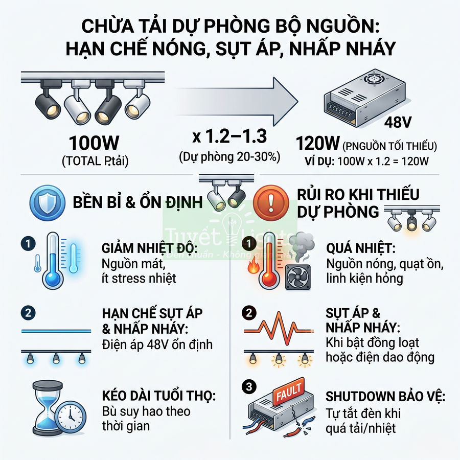 Infographic hướng dẫn chọn bộ nguồn 48V 120W cho hệ thống đèn LED 100W để giảm nóng, sụt áp và nhấp nháy
