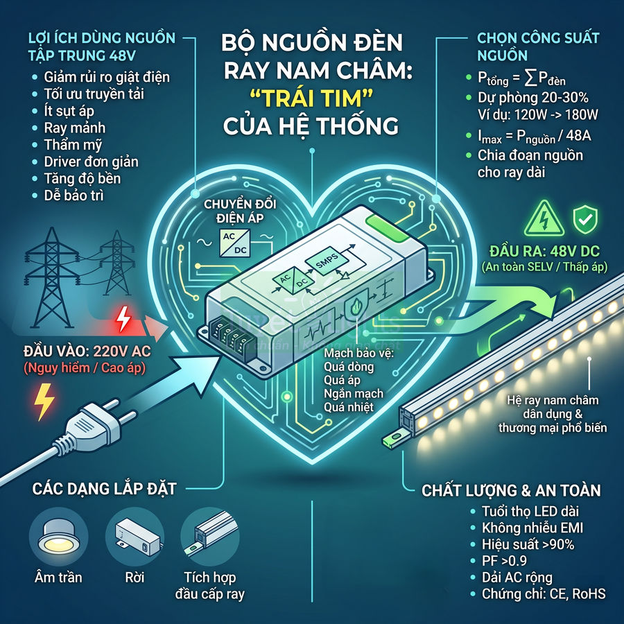 Bộ nguồn đèn ray nam châm 48V cho hệ thống đèn LED ray từ, đầu vào 220V AC đầu ra 48V DC an toàn