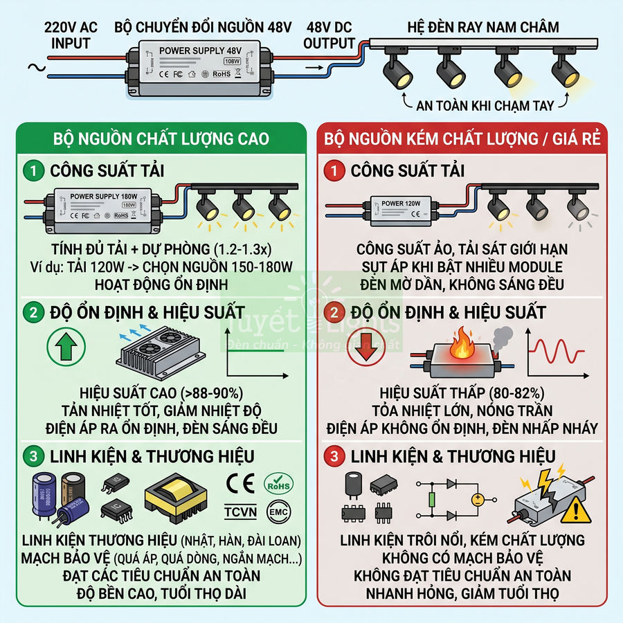So sánh bộ nguồn 48V chất lượng cao và bộ nguồn giá rẻ cho hệ đèn ray nam châm, nêu rõ hiệu suất và độ bền