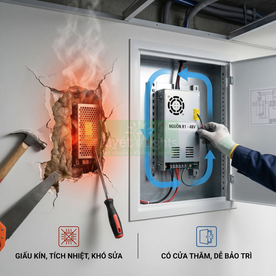 Nguồn điện 48V lắp trong tủ kỹ thuật có cửa thăm, tản nhiệt tốt, dễ bảo trì so với nguồn giấu kín trong tường
