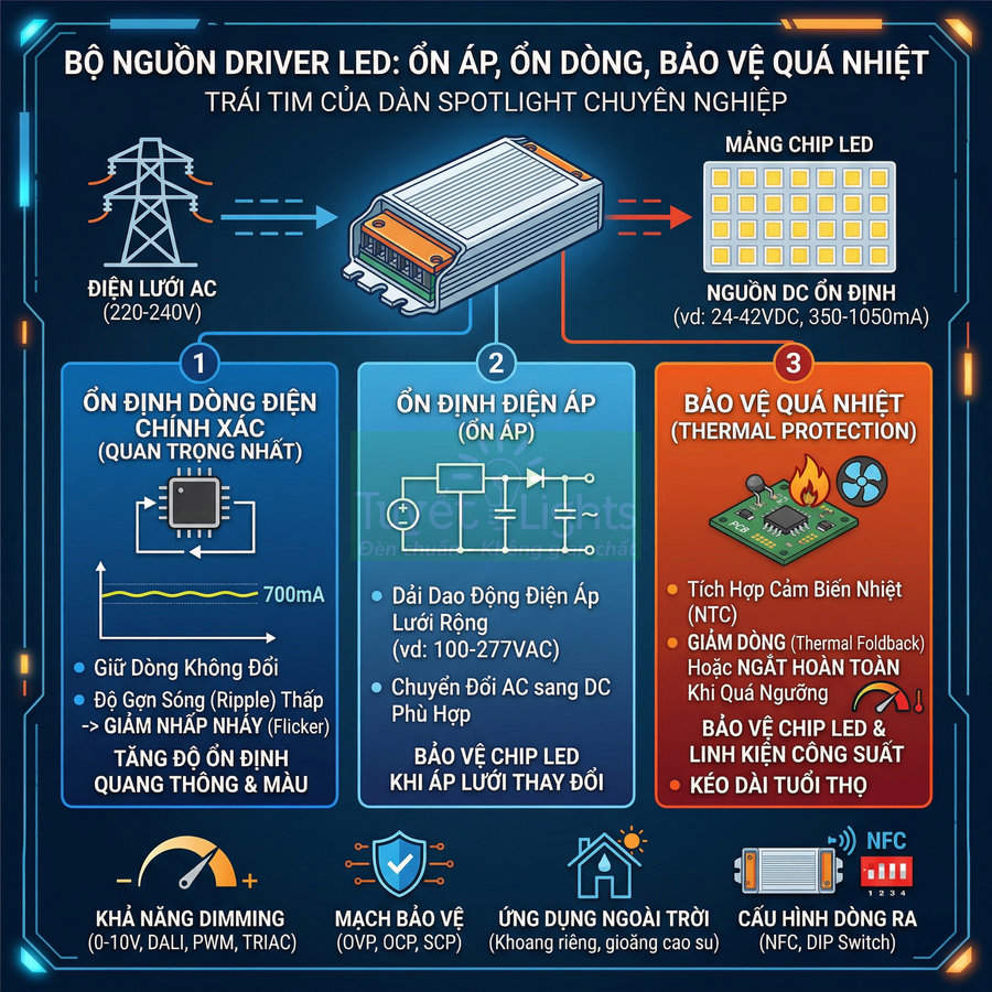 Infographic bộ nguồn driver LED ổn áp ổn dòng bảo vệ quá nhiệt cho đèn spotlight chuyên nghiệp