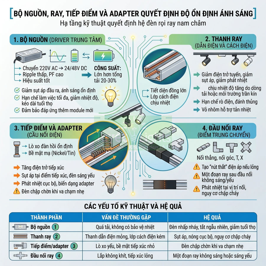 Infographic cấu tạo bộ nguồn, thanh ray, tiếp điểm và adapter cho hệ đèn rọi ray nam châm
