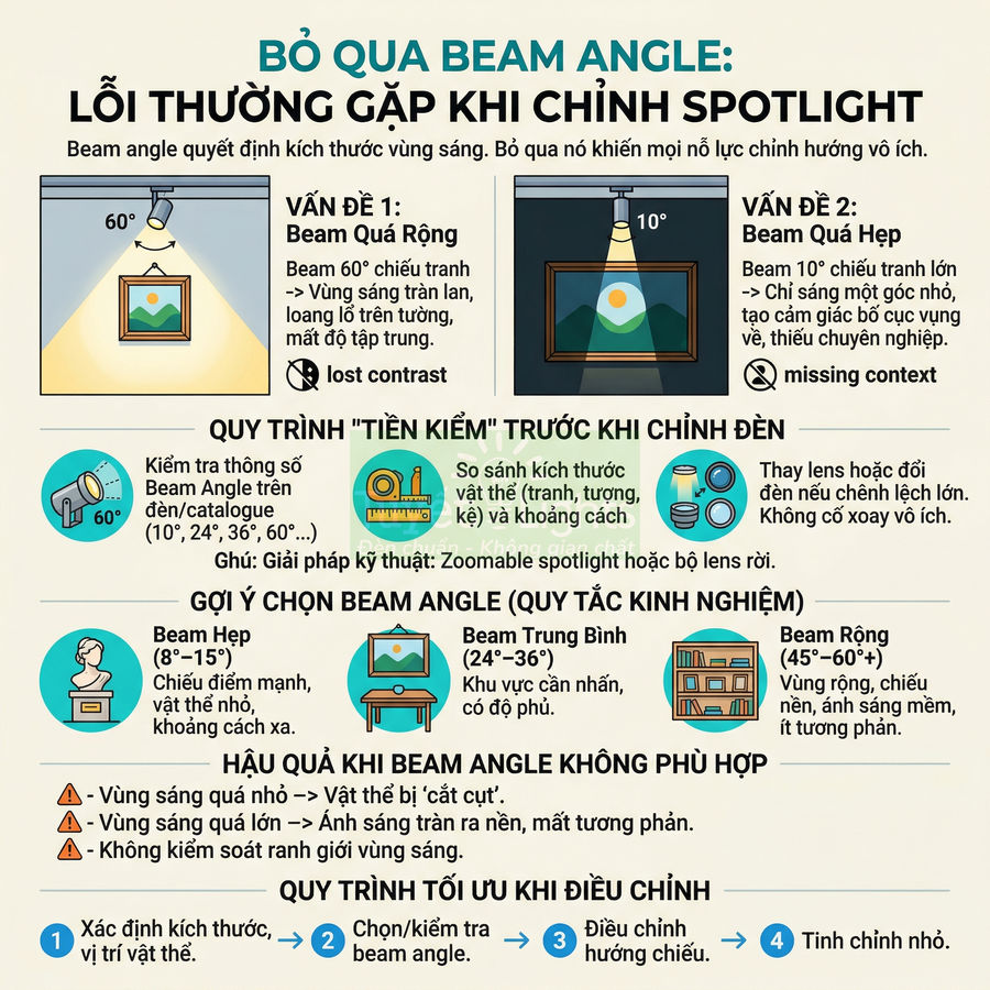 Infographic hướng dẫn chọn beam angle cho đèn spotlight chiếu tranh và nội thất để tránh lỗi vùng sáng