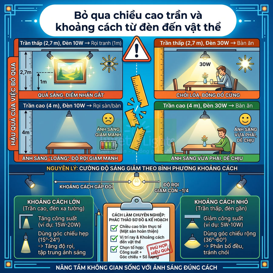 Infographic hướng dẫn chọn công suất và khoảng cách đèn trần để chiếu sáng bàn ăn, tranh treo tường và không gian phòng hợp lý