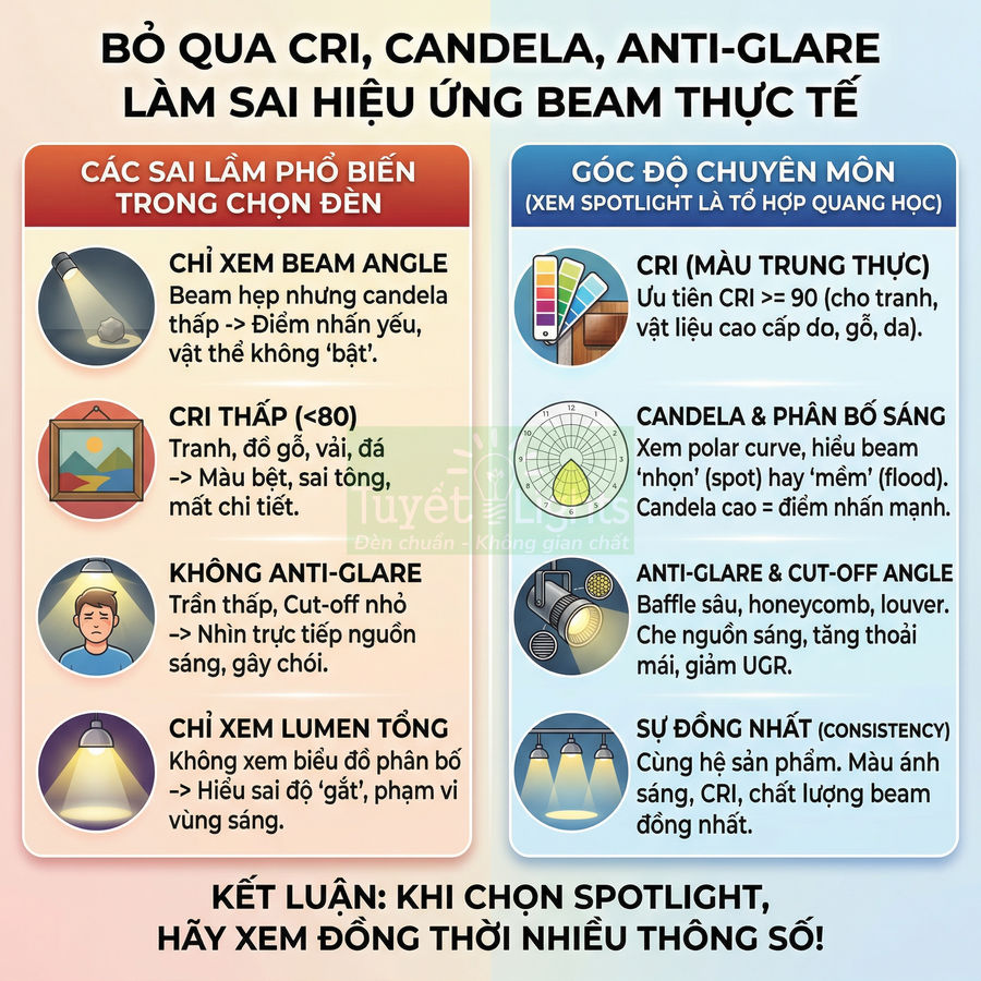 Infographic hướng dẫn chọn đèn spotlight chuẩn CRI, candela, anti glare và góc chiếu cho ánh sáng đẹp, không chói